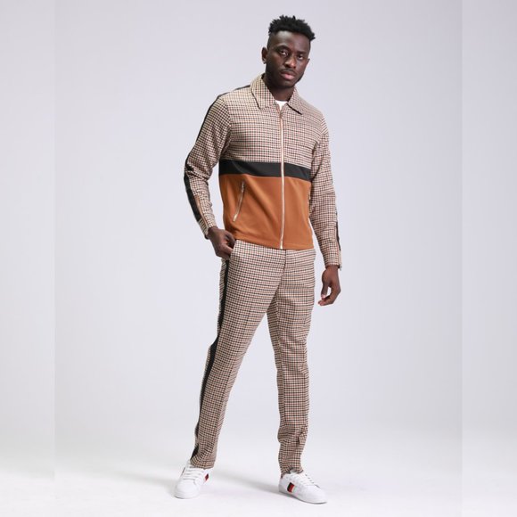 Closeout! Mens Houndstooth Tracksuit 2pc, Brown - Picture 6 of 7